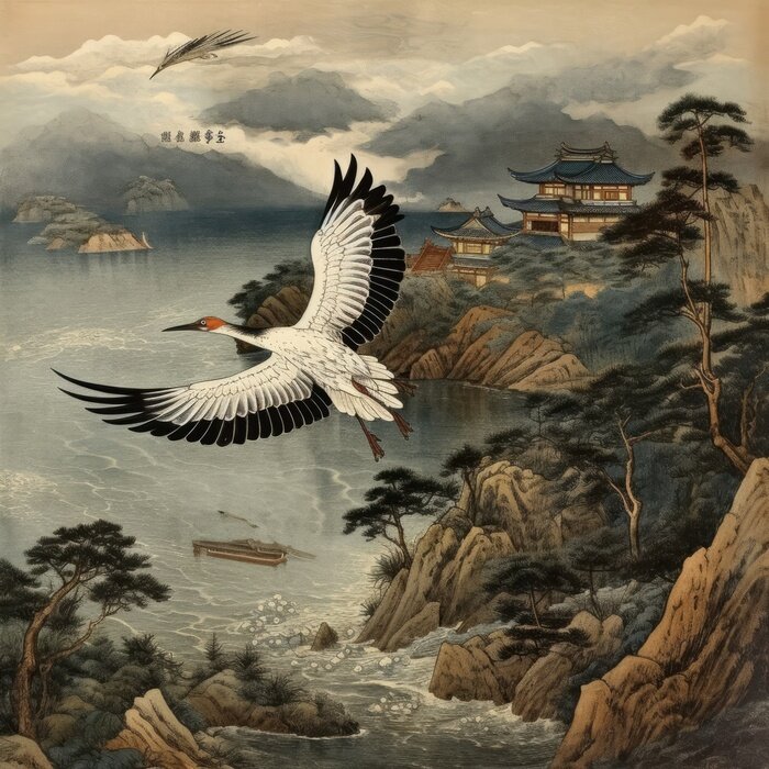 Fotobehang Traditionele Japanse illustratie met een kraan