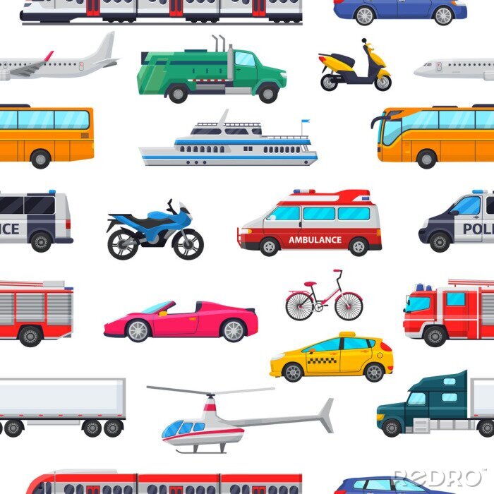 Fotobehang Transport vector openbaar vervoerbaar voertuig vliegtuig of trein en auto of fiets voor vervoer in stad illustratie set van ambulance brandweerauto en politie auto naadloze patroon achtergrond