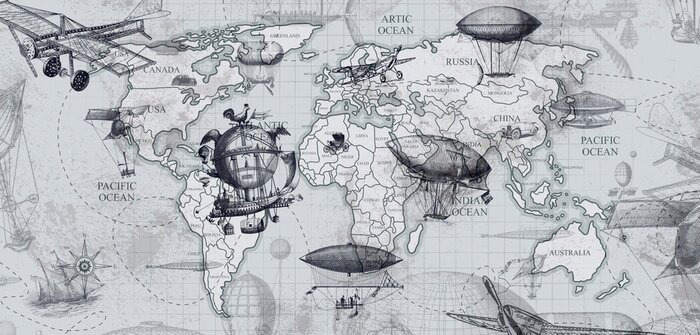 Fotobehang travel across the globe, balloons, aircraft, cars, ships photo wallpapers on the wall