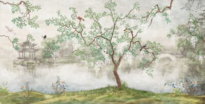 Fotobehang Tree by the lake. Misty landscape. Tree with birds in the Japanese garden. the mural, Wallpaper for interior printing