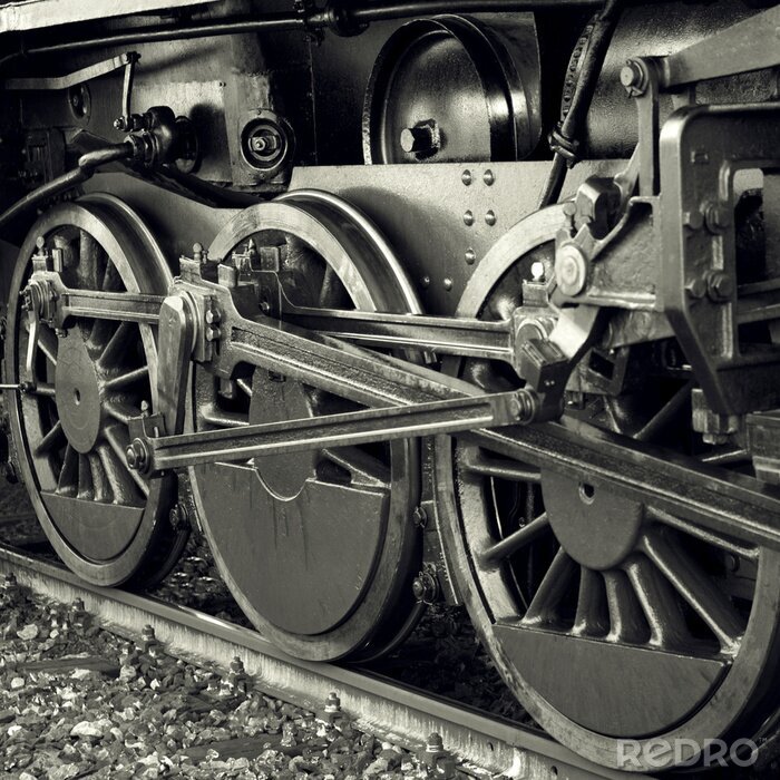Fotobehang Trein close-up van stalen wielen