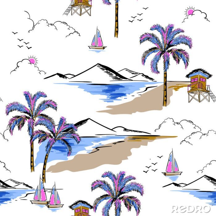 Fotobehang Trendy Hawaiiaan in het patroonvector van het zoete kleuren naadloze eiland. Landschap met palmbomen, strand en oceaan vector hand getrokken stijl