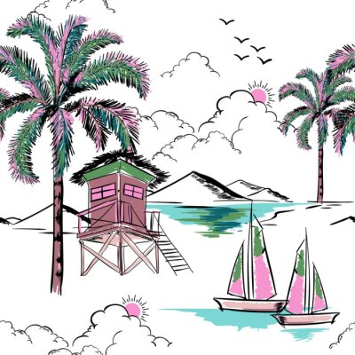Behang Trendy Hawaiiaan in het patroonvector van het zoete kleuren naadloze eiland. Landschap met palmbomen, strand en oceaan vector hand getrokken stijl