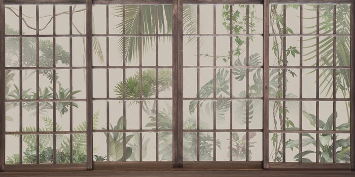 Fotobehang Tropical botanical garden outside the window. Jungle behind panoramic windows. Great choise for wallpaper, photo wallpaper, murals, cards, postcards. Design for modern and loft interiors.
