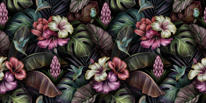 Fotobehang Tropical exotic seamless pattern with birds, monstera, hibiscuc, bromeliad, banana leaves, palm, colocasia. Hand-drawn 3D illustration. Good for production wallpapers, cloth and fabric printing.