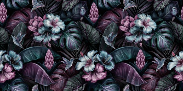 Fotobehang Tropical exotic seamless pattern with birds, monstera, hibiscuc, bromeliad, banana leaves, palm, colocasia. Hand-drawn 3D illustration. Good for production wallpapers, cloth and fabric printing.