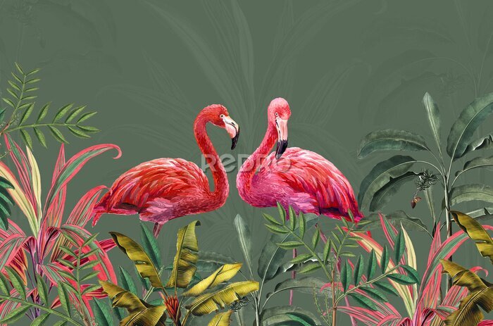 Fotobehang Tropical Leaf Mural. Photo Wallpaper. Wall Art decor for Bedroom Murals Wall Paper. Drawing with tropical leaves and pink flamingos.