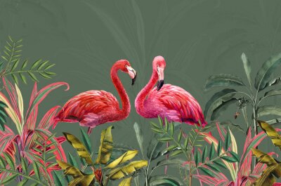 Fotobehang Tropical Leaf Mural. Photo Wallpaper. Wall Art decor for Bedroom Murals Wall Paper. Drawing with tropical leaves and pink flamingos.