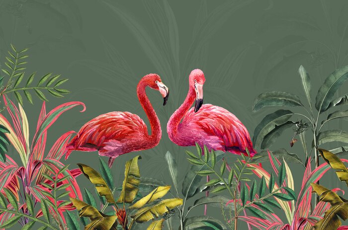 Fotobehang Tropical Leaf Mural. Photo Wallpaper. Wall Art decor for Bedroom Murals Wall Paper. Drawing with tropical leaves and pink flamingos.