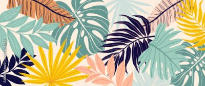 Fotobehang Tropical leaves background vector. Botanical foliage banner design hand drawn colorful palm leaf, monstera leaves line art. Design for wallpaper, cover, cards, packaging, flyer, fabric.