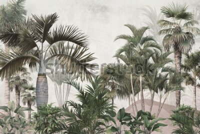 Fotobehang tropical trees and leaves wallpaper design in foggy forest - 3D illustration