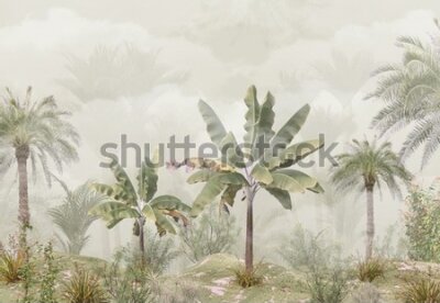 Fotobehang tropical trees and leaves wallpaper design in foggy forest - 3D illustration