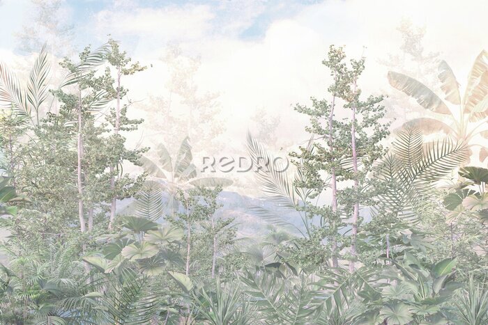 Fotobehang tropical trees and leaves wallpaper design in foggy forest - 3D illustration
