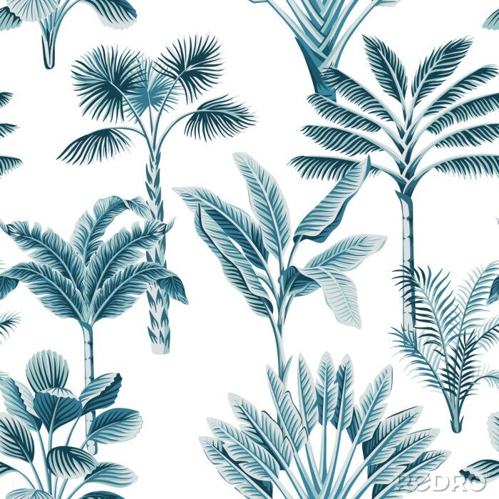 Fotobehang Tropical vintage blue palm trees, banana tree floral seamless pattern white background. Exotic jungle wallpaper.