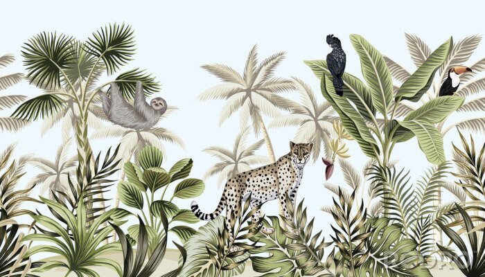 Fotobehang Tropical vintage botanical landscape, palm tree, banana tree, plant, wild animals leopard, sloth, toucan, parrot floral seamless border blue background. Exotic green jungle wallpaper.