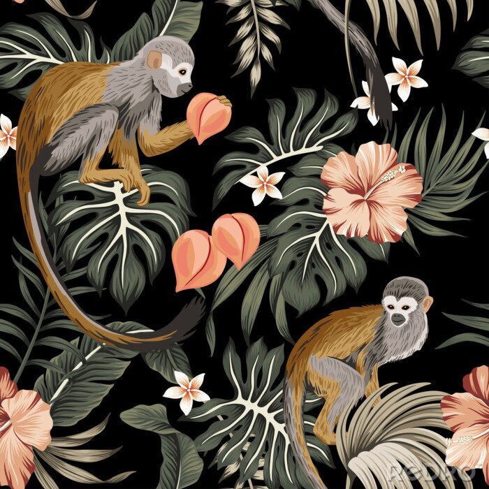 Fotobehang Tropical vintage monkey animal, hibiscus flower, peach fruit, palm leaves floral seamless pattern black background. Exotic jungle wallpaper.