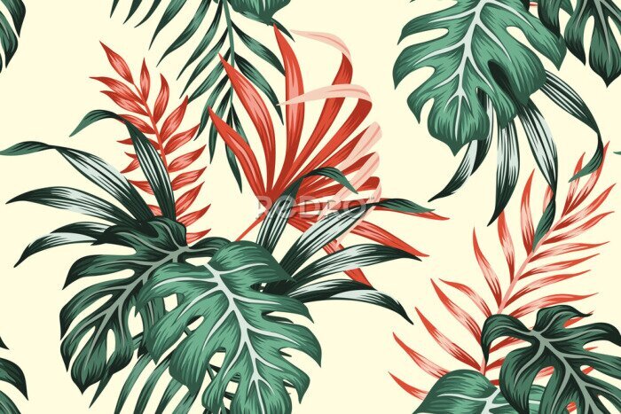 Fotobehang Tropical vintage red, green palm leaves floral seamless pattern yellow background. Exotic jungle wallpaper.