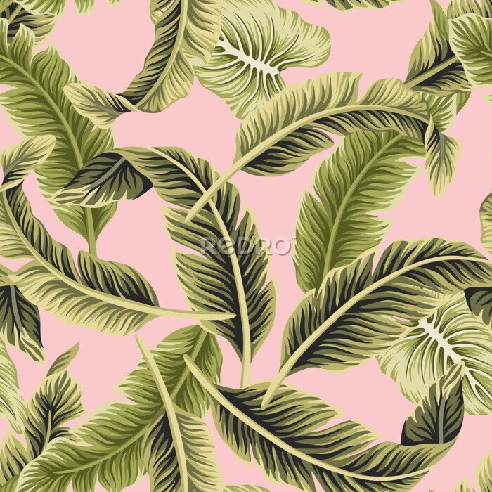 Fotobehang Tropical vintage vector green banana leaves floral seamless pattern pink background. Exotic jungle wallpaper.