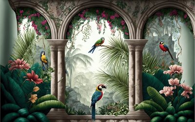 Fotobehang Tropical wall arch wallpaper palm trees birds and parro