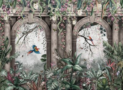 Fotobehang Tropical wall arch wallpaper palm trees, birds and parrot in the forest land escape with flying butterflies