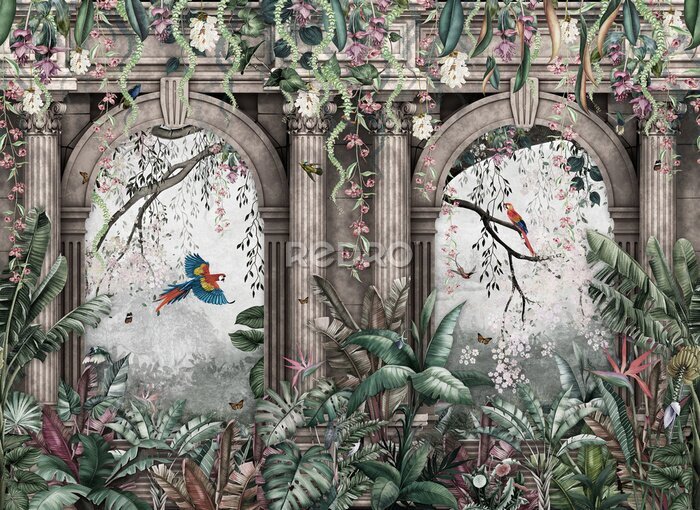 Fotobehang Tropical wall arch wallpaper palm trees, birds and parrot in the forest land escape with flying butterflies
