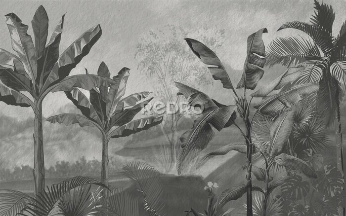 Fotobehang Tropical wallpaper design, banana trees, landscapes, mural art.