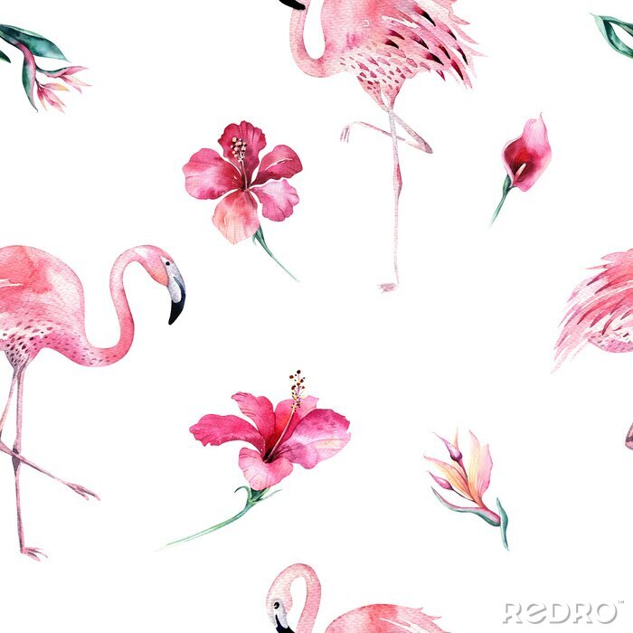 Fotobehang Tropisch geïsoleerd naadloos patroon met flamingo. Waterverf tropische tekening, roosvogel en groen palm, tropische groene textuur, exotische bloem. Aloha set