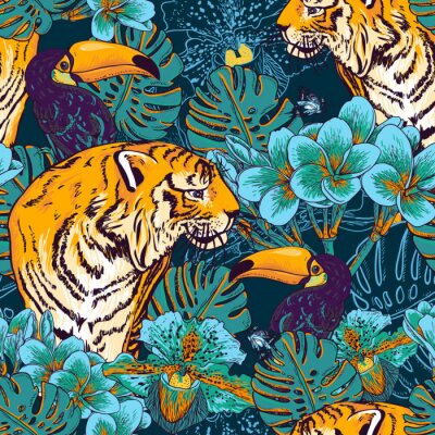 Fotobehang Tropisch patroon met tijger en toekans