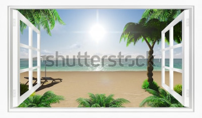Fotobehang Tropisch strand uitzicht op de zee vanuit het raam