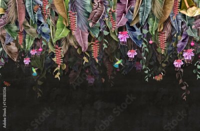 Fotobehang Tropische bananenbladeren met bloemen en vlinders