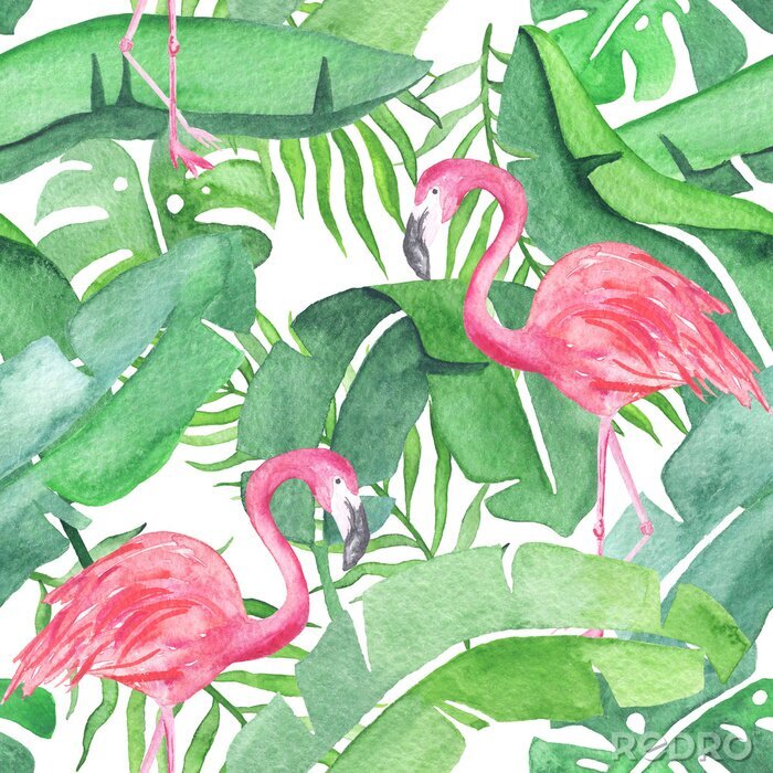 Fotobehang Tropische bladeren en flamingo saemless patroon