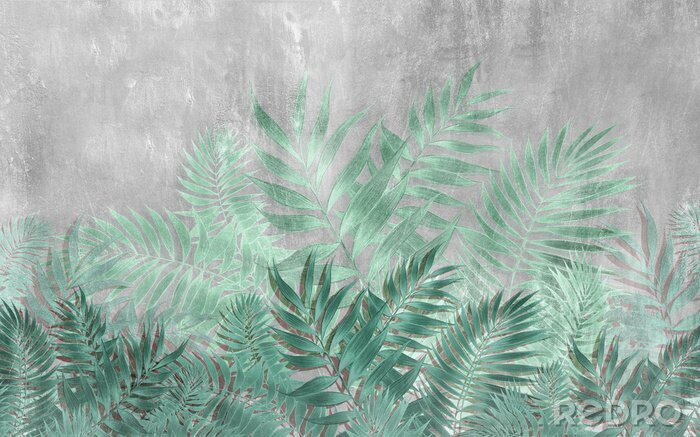 Fotobehang Tropische bladeren op een betonnen achtergrond