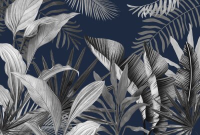 Fotobehang Tropische bladeren op marineblauwe achtergrond in grunge-stijl