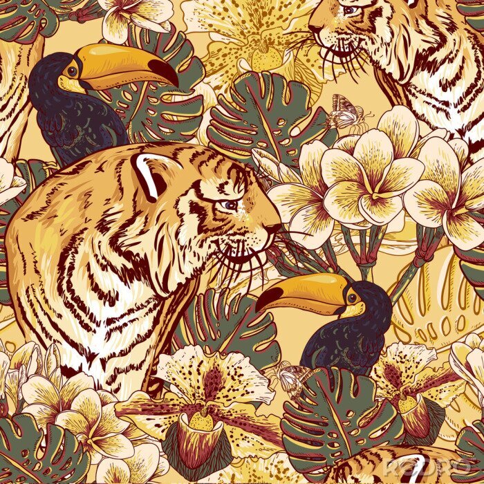 Fotobehang Tropische bloemen naadloze achtergrond met Tiger