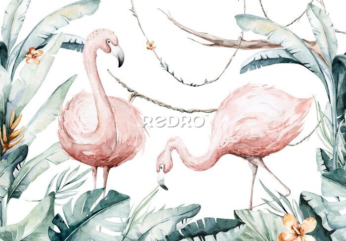 Fotobehang Tropische flamingo vogels tussen bladeren geschilderd in aquarel