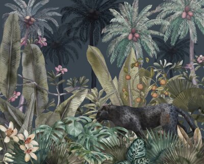 Fotobehang Tropische jungle met zwarte panter
