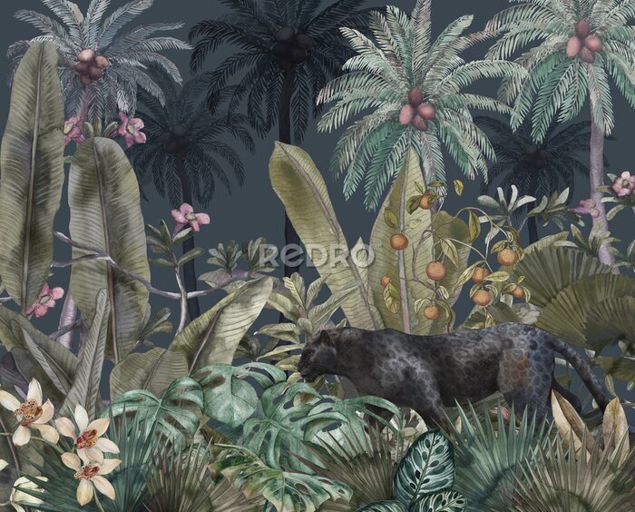 Fotobehang Tropische jungle met zwarte panter