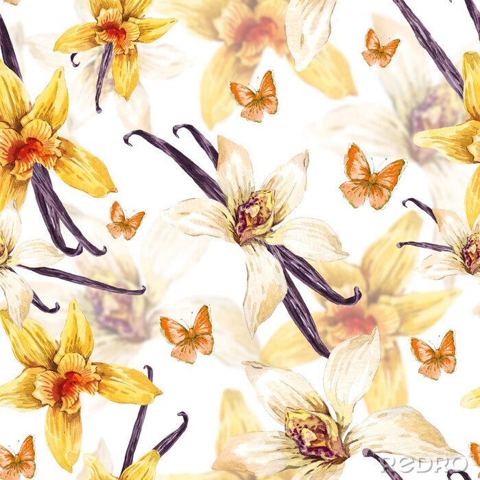 Fotobehang Tropische naadloze aquarel bloemmotief