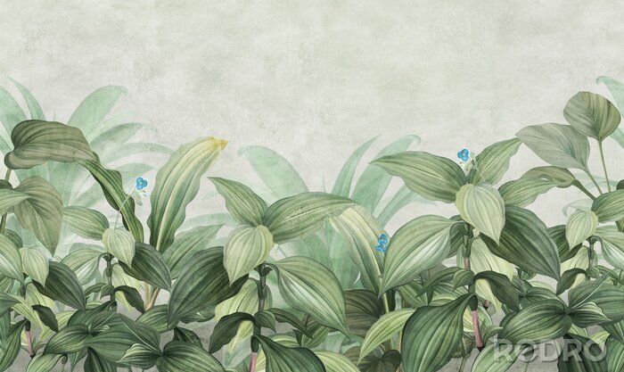 Fotobehang Tropische planten en kleine blauwe bloemen