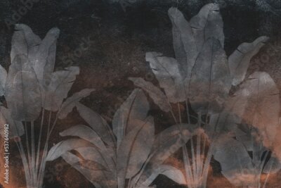 Fotobehang Tropische planten op een donkere betonnen muur