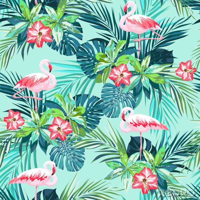 Fotobehang Tropische zomer naadloze patroon met flamingo vogels en jungle bloemen