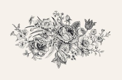 Tulpen en bloemensamenstelling in zwart-wit