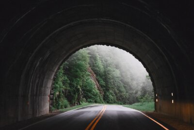 Fotobehang Tunnel met een mistig bos