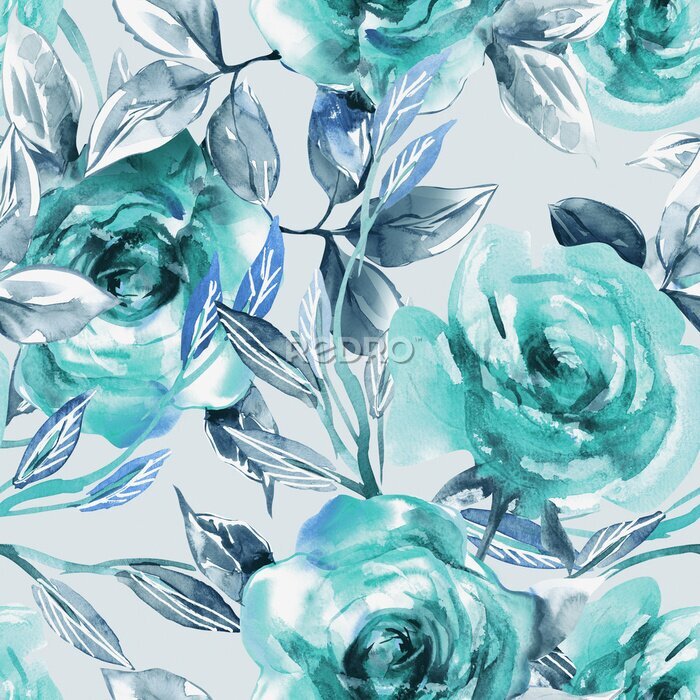 Fotobehang Turquoise roos aquarel achtergrond