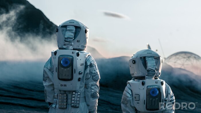 Fotobehang Twee astronauten op de achtergrond van de planeet