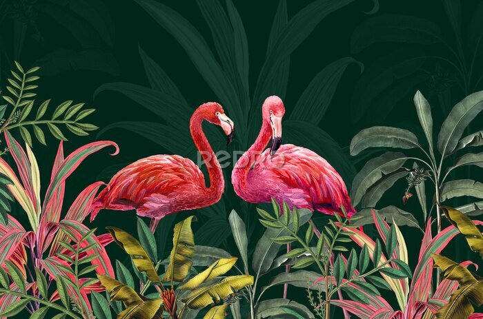 Fotobehang Twee flamingo's in donkergroen struikgewas