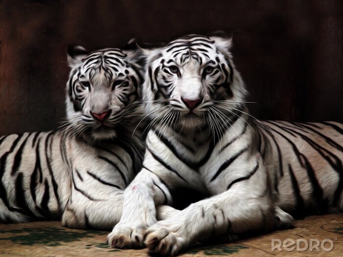 Fotobehang Twee tijgers in olieverf stijl