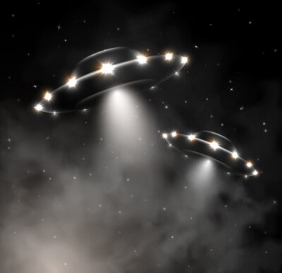 Fotobehang Twee UFO-schepen in de nachtelijke hemel