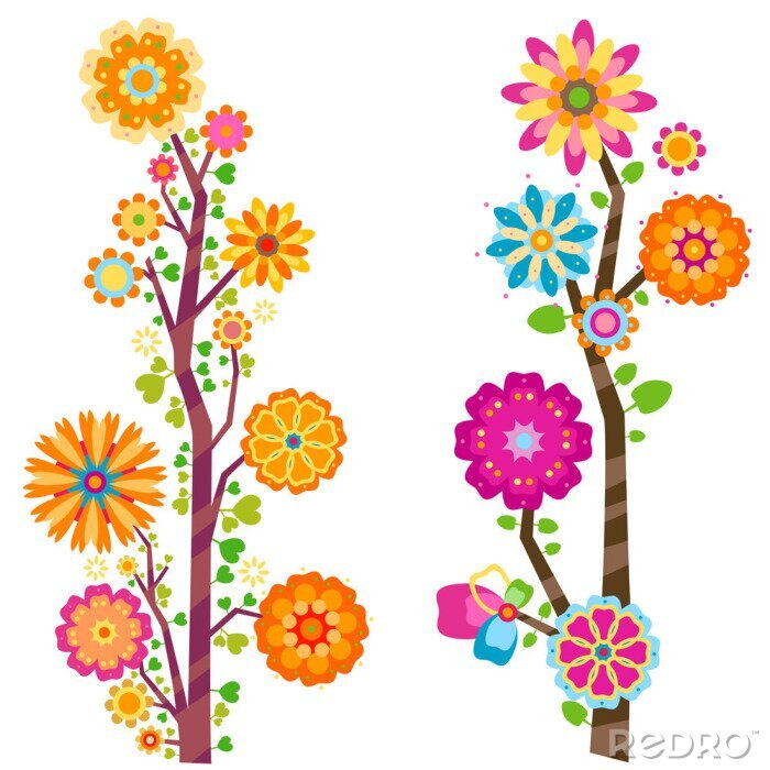 Fotobehang Twee veelkleurige bloemen moderne illustraties