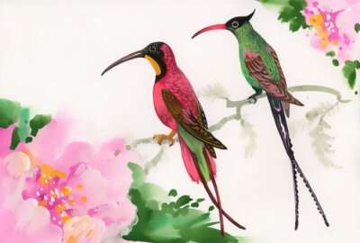 Twee vogels bij roze bloemen